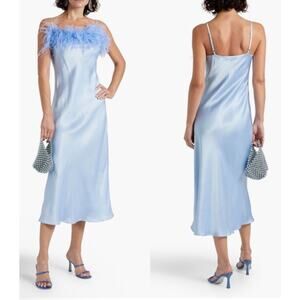 NEW Sleeper Boheme Feather Slip Dress Blue Satin Midi Size M Ostrich Versatile